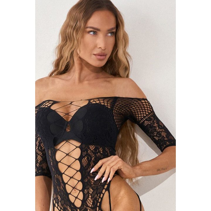 Juodas bodystocking su nėrinių ir tinklelio detalėmis Pure Sin