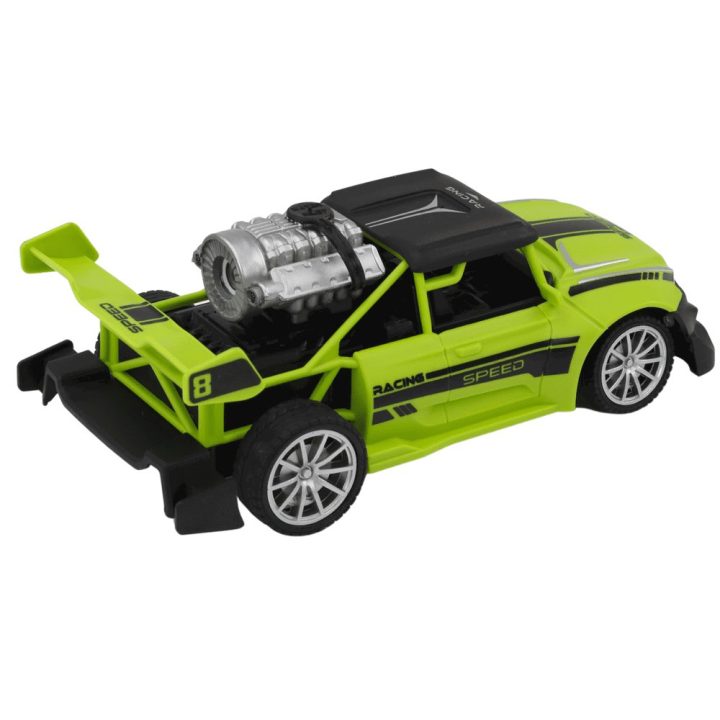Žalias žaislinis RC automobilis 1:20 su dūmų efektu ir šviesomis