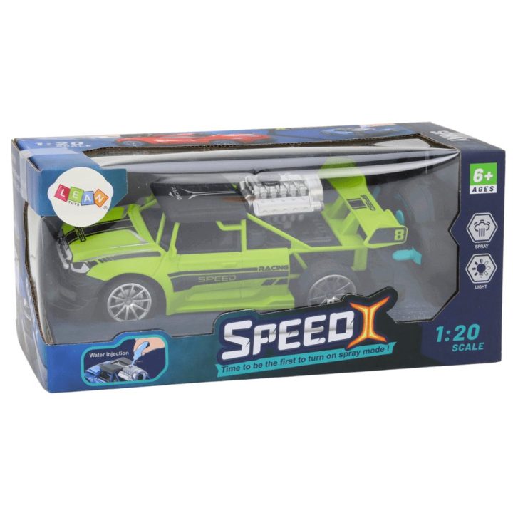 Žalias žaislinis RC automobilis 1:20 su dūmų efektu ir šviesomis