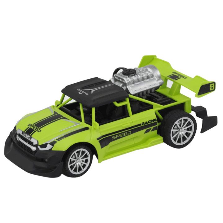 Žalias žaislinis RC automobilis 1:20 su dūmų efektu ir šviesomis