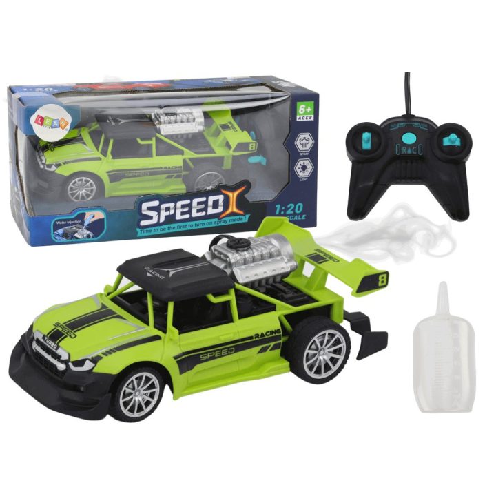 Žalias žaislinis RC automobilis 1:20 su dūmų efektu ir šviesomis