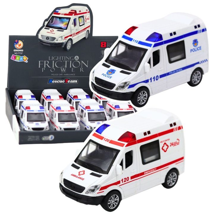 Žaislinė policijos ir greitosios pagalbos mašina su šviesomis ir garsais