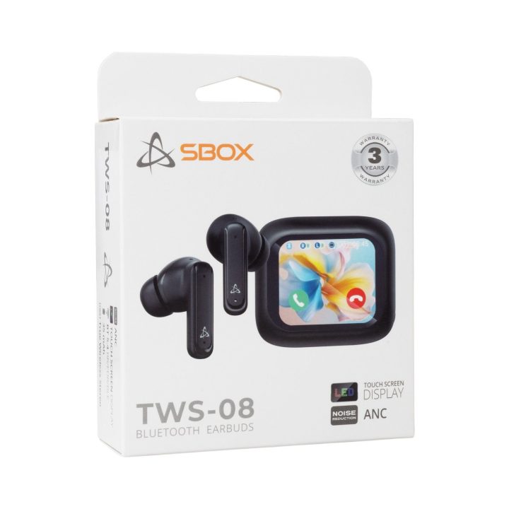 Sbox EB-TWS08-B belaidės ausinės su jutiklinio ekrano dėklu, juodos