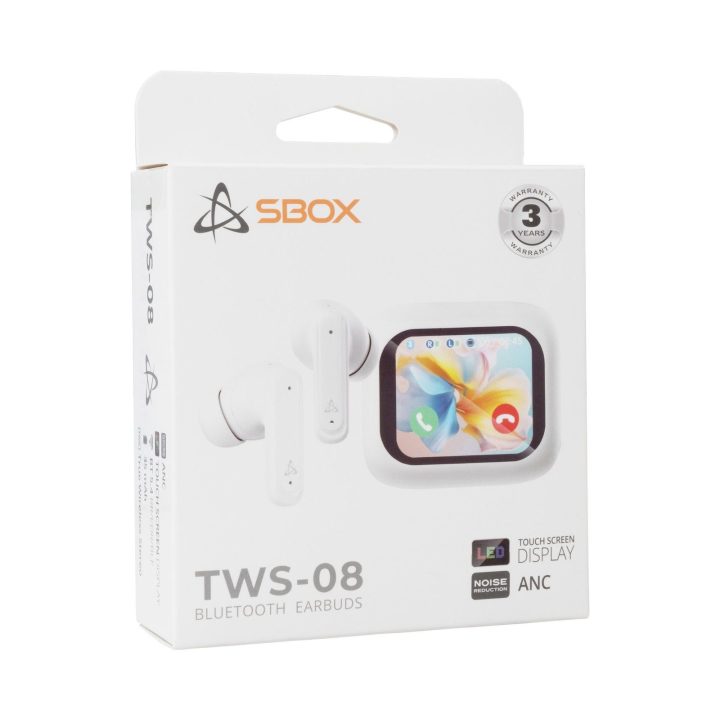 Sbox EB-TWS08-W belaidės ausinės su jutikliniu ekranu, baltos