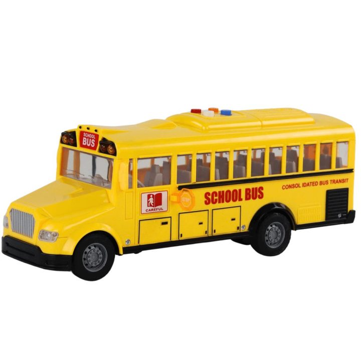 Geltonas žaislinis mokyklinis autobusas 1:16 su šviesomis, garsais ir atidaromomis durimis