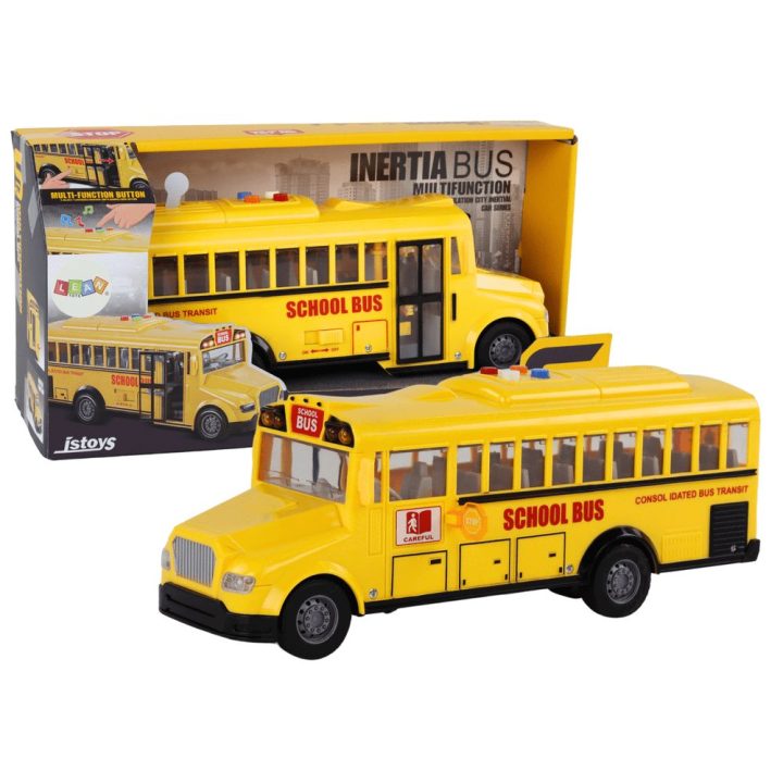 Geltonas žaislinis mokyklinis autobusas 1:16 su šviesomis, garsais ir atidaromomis durimis