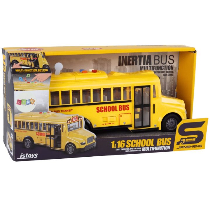 Geltonas žaislinis mokyklinis autobusas 1:16 su šviesomis, garsais ir atidaromomis durimis