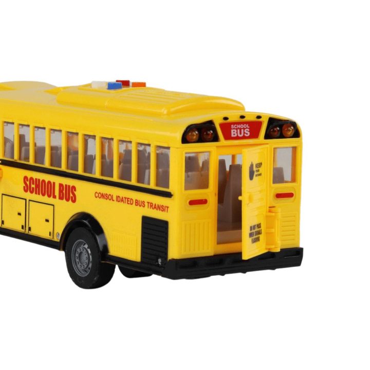 Geltonas žaislinis mokyklinis autobusas 1:16 su šviesomis, garsais ir atidaromomis durimis
