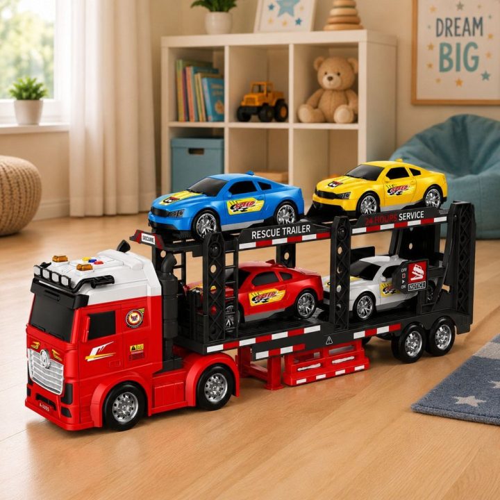 Žaislinis transporteris su 4 automobiliais, šviesomis ir garsais