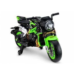Žalias akumuliatorinis motociklas XW-07 su šviečiančiais LED ratais