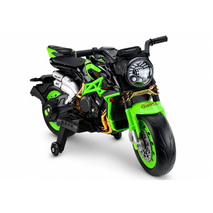 Žalias akumuliatorinis motociklas XW-07 su šviečiančiais LED ratais