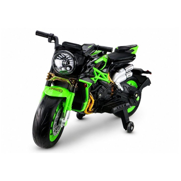 Žalias akumuliatorinis motociklas XW-07 su šviečiančiais LED ratais