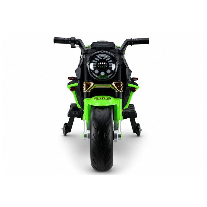 Žalias akumuliatorinis motociklas XW-07 su šviečiančiais LED ratais