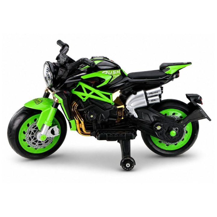 Žalias akumuliatorinis motociklas XW-07 su šviečiančiais LED ratais