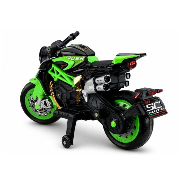 Žalias akumuliatorinis motociklas XW-07 su šviečiančiais LED ratais