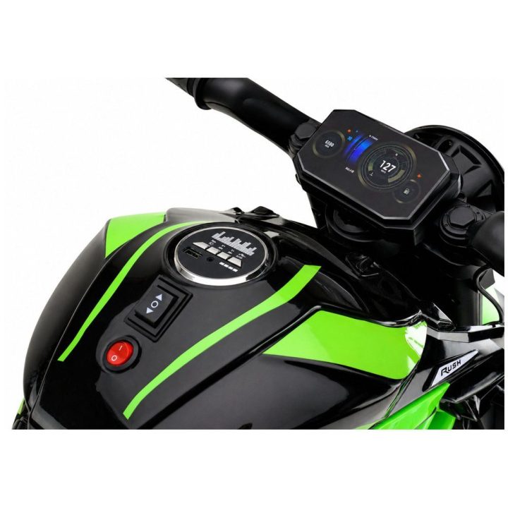 Žalias akumuliatorinis motociklas XW-07 su šviečiančiais LED ratais