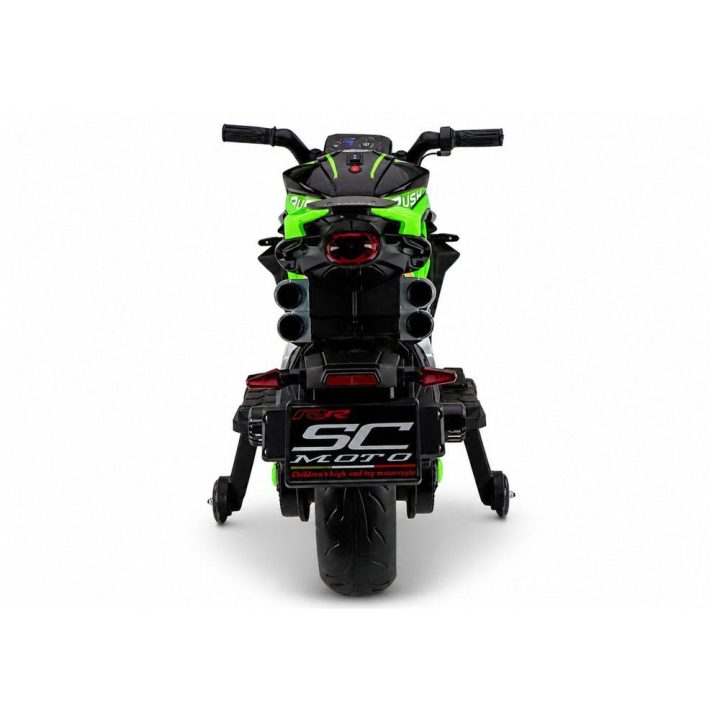 Žalias akumuliatorinis motociklas XW-07 su šviečiančiais LED ratais
