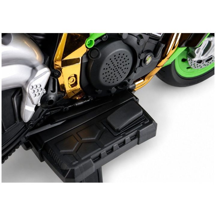 Žalias akumuliatorinis motociklas XW-07 su šviečiančiais LED ratais