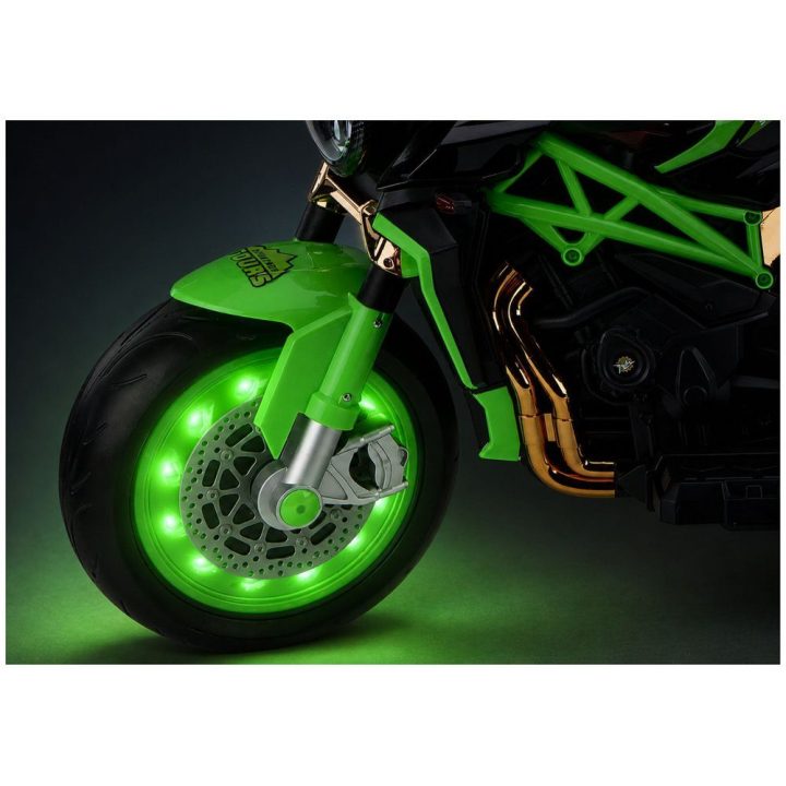 Žalias akumuliatorinis motociklas XW-07 su šviečiančiais LED ratais
