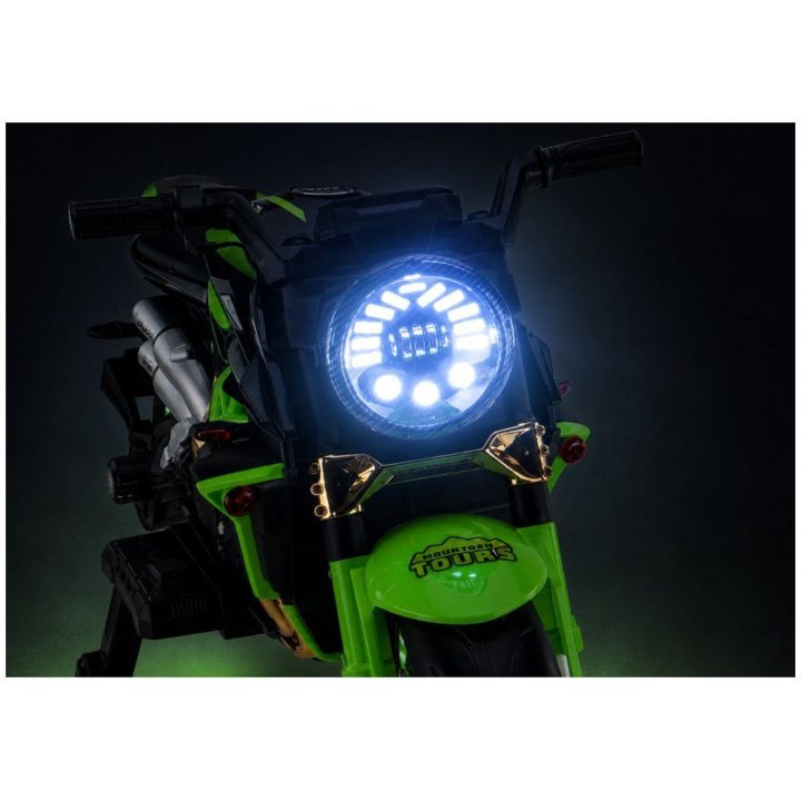 Žalias akumuliatorinis motociklas XW-07 su šviečiančiais LED ratais
