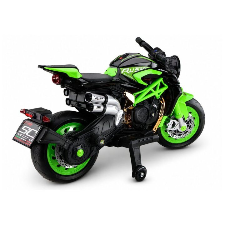 Žalias akumuliatorinis motociklas XW-07 su šviečiančiais LED ratais