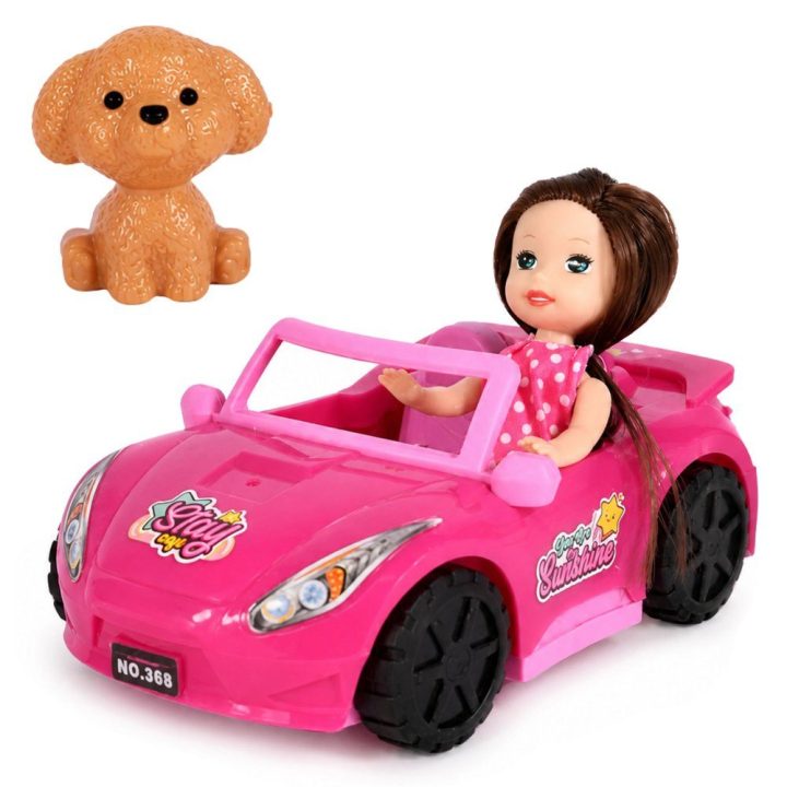 Rožinis lėlės automobilis su lėle ir šuns figūrėle