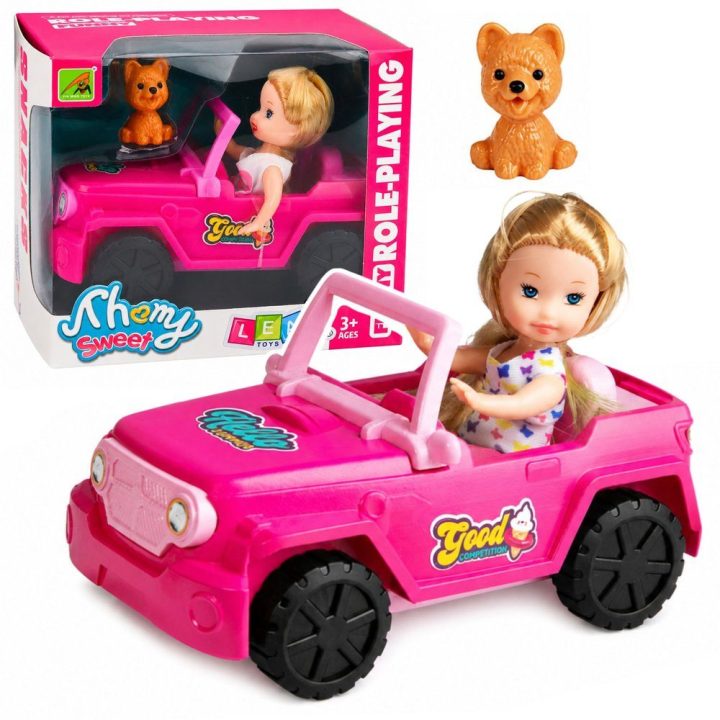 Rožinė mini lėlė su bekelės kabrioletu ir šunelio figūrėle