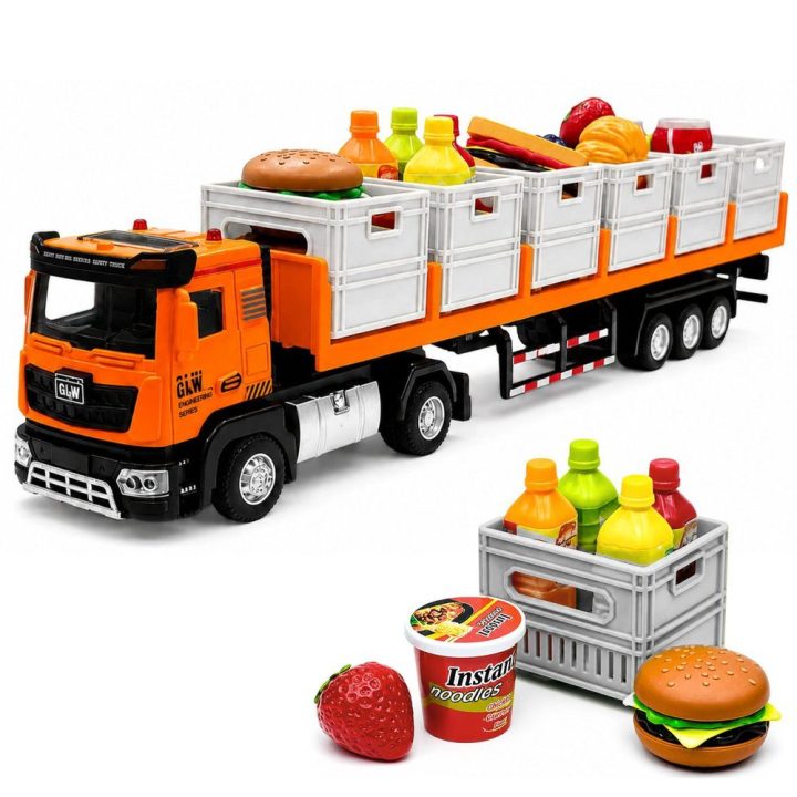 Oranžinis žaislinis transporto sunkvežimis su priekaba, šviesomis ir garsais