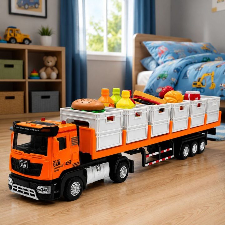 Oranžinis žaislinis transporto sunkvežimis su priekaba, šviesomis ir garsais