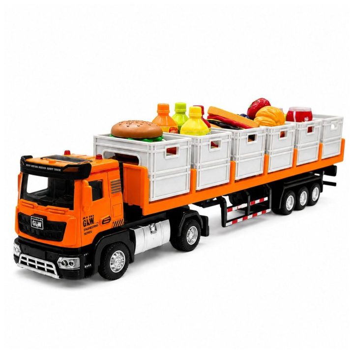 Oranžinis žaislinis transporto sunkvežimis su priekaba, šviesomis ir garsais