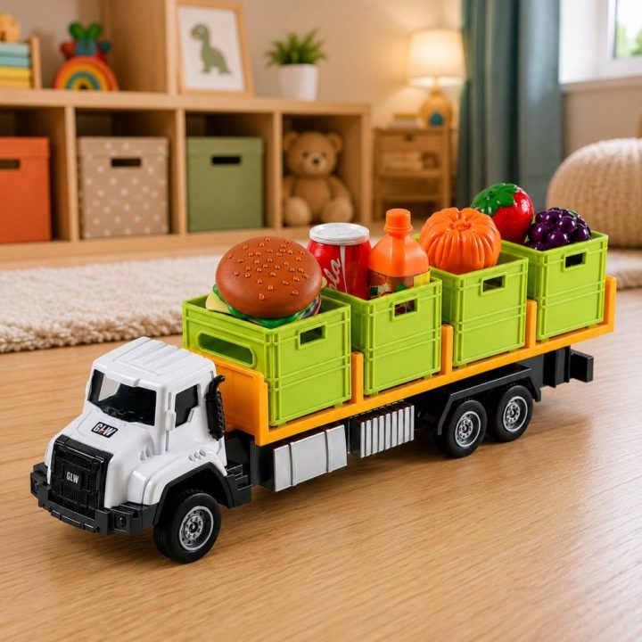 Žaislinis transporto sunkvežimis su maisto dėžėmis 1:55