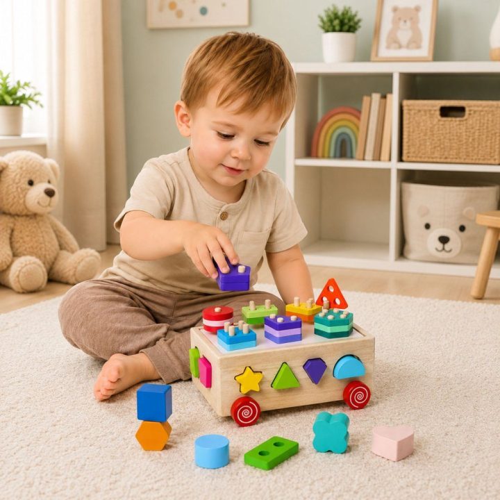 Medinis Montessori rūšiuoklis ant ratukų su formomis ir skaičiais