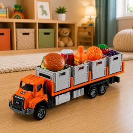 Oranžinis žaislinis transportinis sunkvežimis su maisto kroviniais 1:55