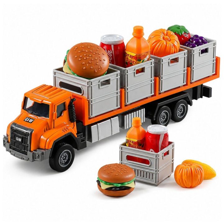 Oranžinis žaislinis transportinis sunkvežimis su maisto kroviniais 1:55