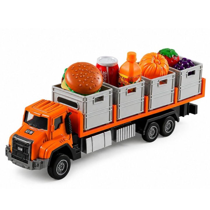 Oranžinis žaislinis transportinis sunkvežimis su maisto kroviniais 1:55