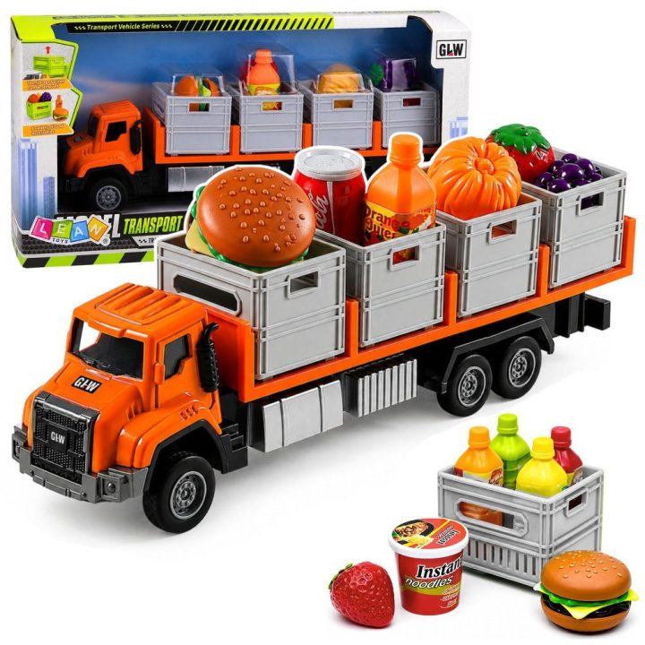 Oranžinis žaislinis transportinis sunkvežimis su maisto kroviniais 1:55