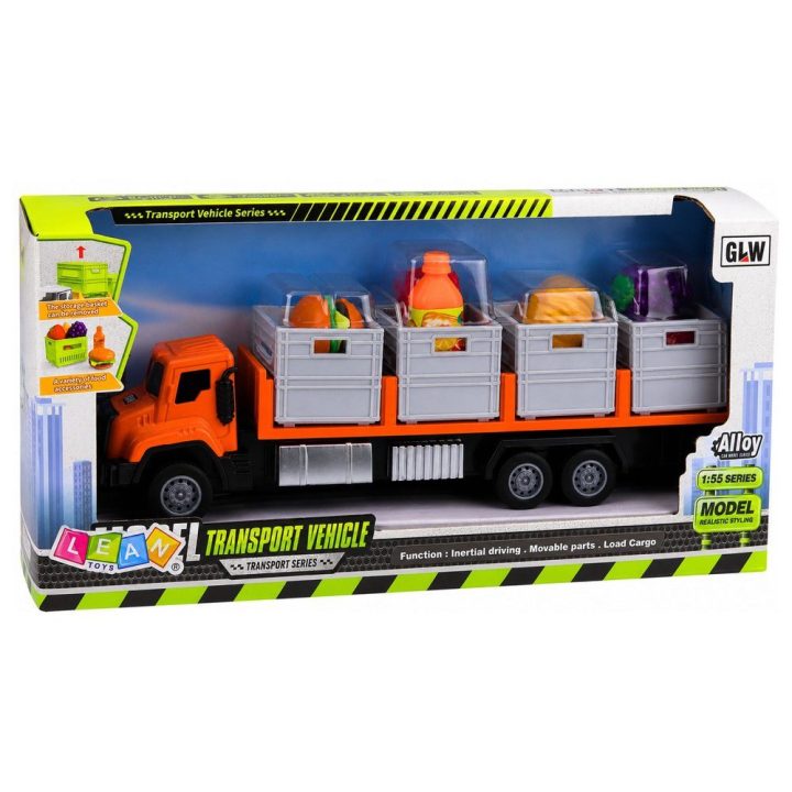 Oranžinis žaislinis transportinis sunkvežimis su maisto kroviniais 1:55