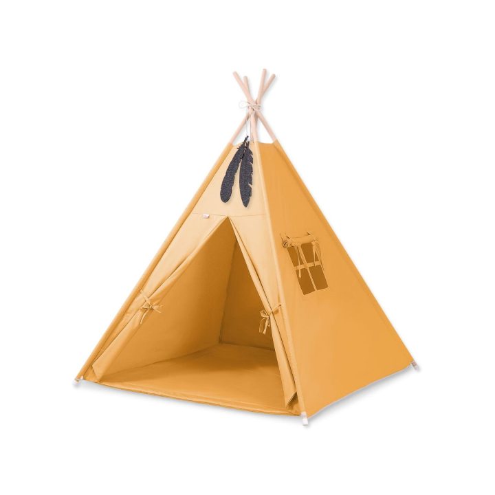 Vaikų tipis Mini Set su kilimėliu ir dekoratyvinėmis plunksnomis, medaus geltonumo