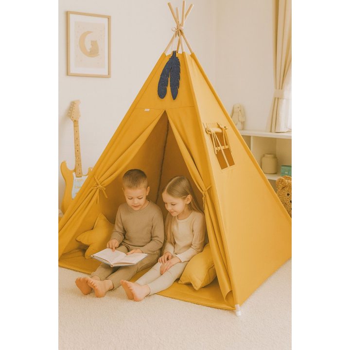 Vaikų tipis Mini Set su kilimėliu ir dekoratyvinėmis plunksnomis, medaus geltonumo