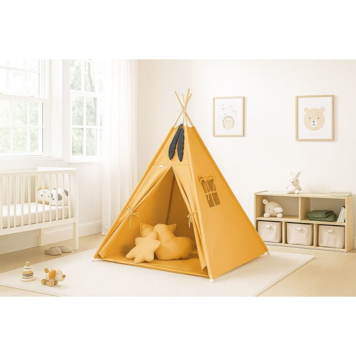 Vaikų tipis Mini Set su kilimėliu ir dekoratyvinėmis plunksnomis, medaus geltonumo