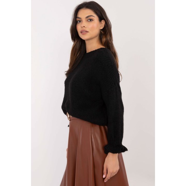 Juodas megztinis su raukiniais rankovėse Italy Moda