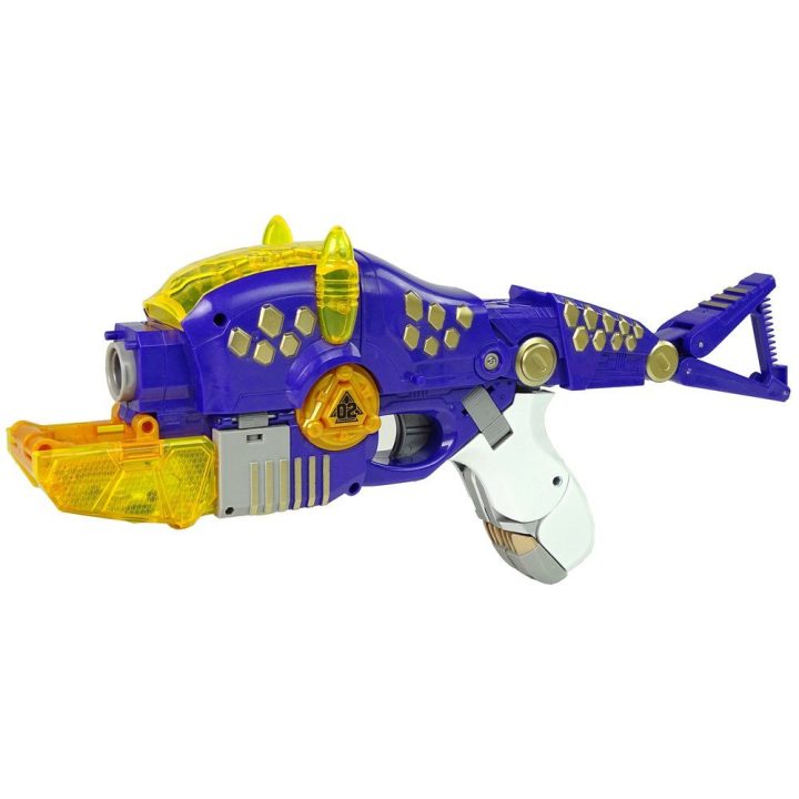 Violetinis dinozaurų žaislinis šautuvas 2 in 1 su skydu Triceratops