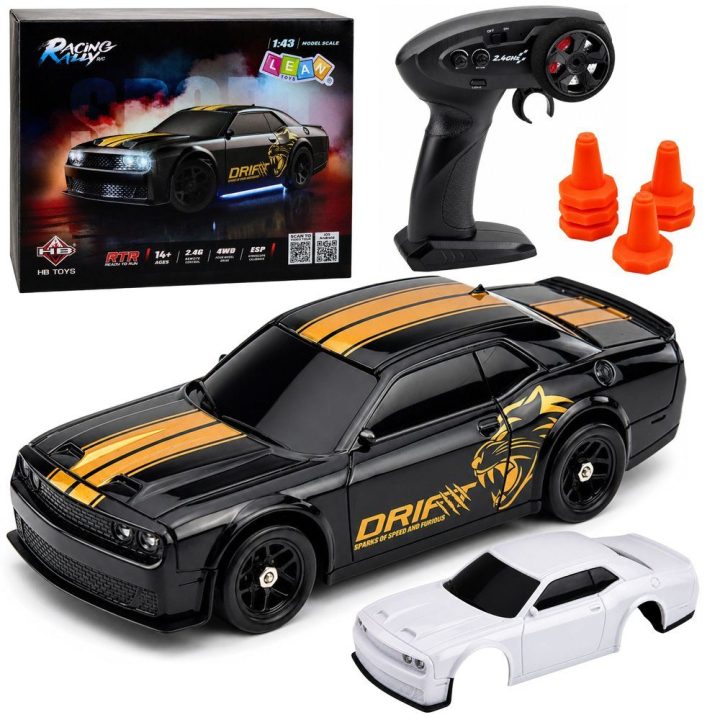 Baltas RC drift sportinis automobilis 4WD 1:43 su keičiamais kėbulais