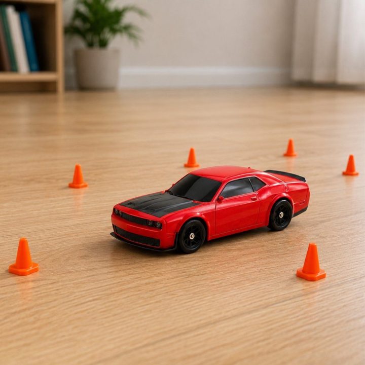 Raudonas žaislinis RC drift automobilis 1:43 su keičiamais kėbulais