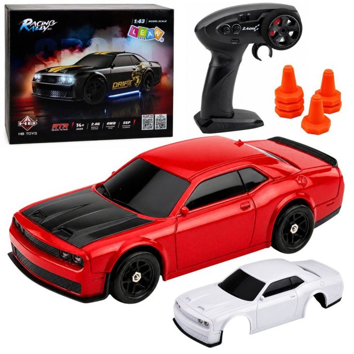 Raudonas žaislinis RC drift automobilis 1:43 su keičiamais kėbulais