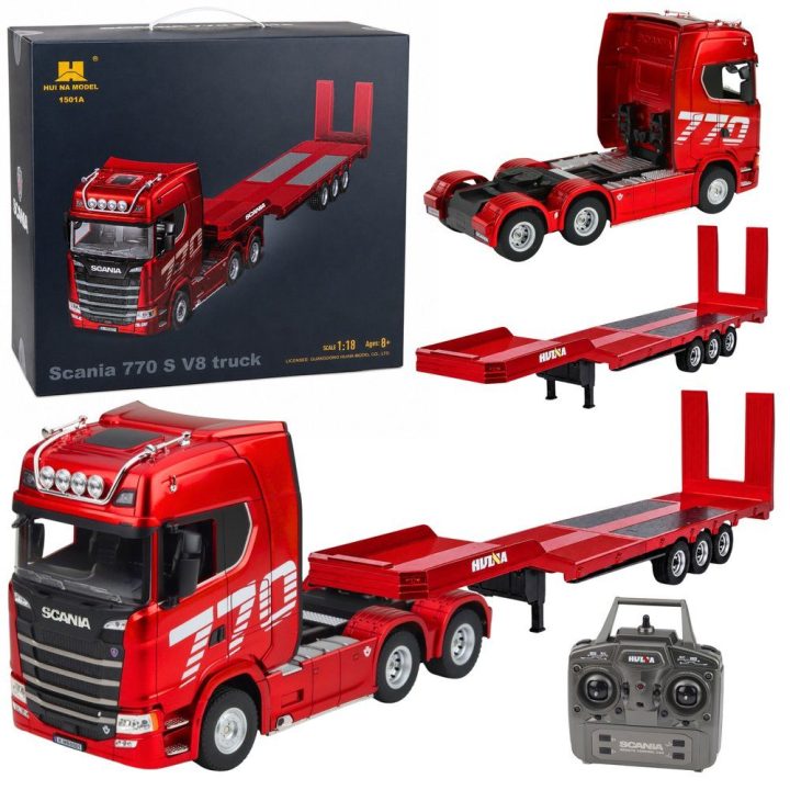 Raudonas nuotoliniu būdu valdomas Scania 770S sunkvežimis su priekaba Huina 1:18