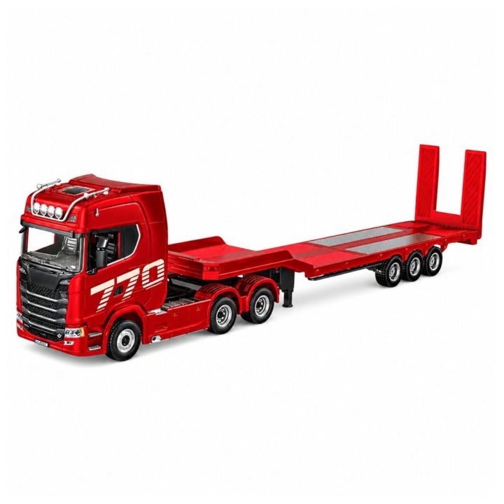 Raudonas nuotoliniu būdu valdomas Scania 770S sunkvežimis su priekaba Huina 1:18