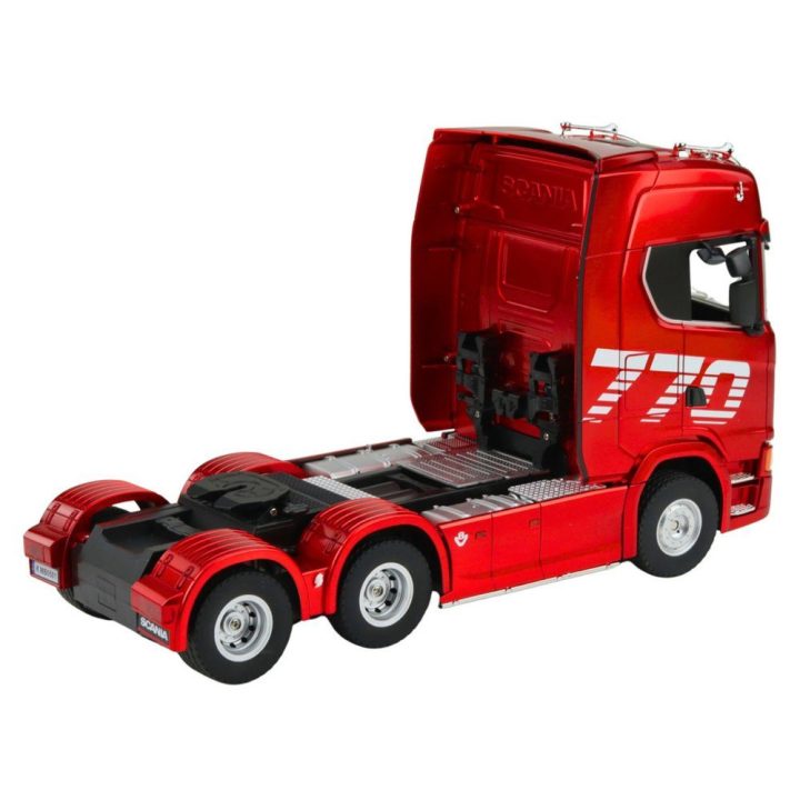 Raudonas nuotoliniu būdu valdomas Scania 770S sunkvežimis su priekaba Huina 1:18