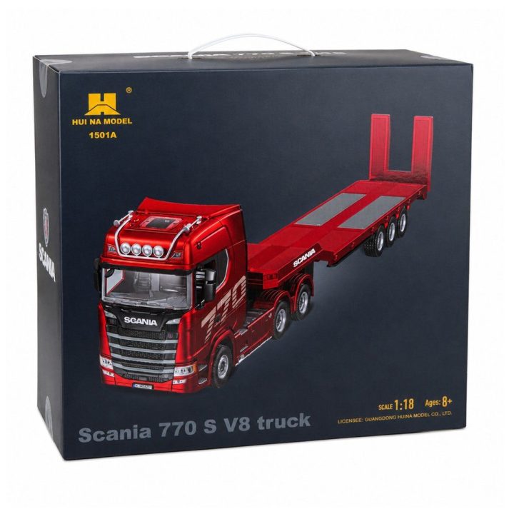Raudonas nuotoliniu būdu valdomas Scania 770S sunkvežimis su priekaba Huina 1:18