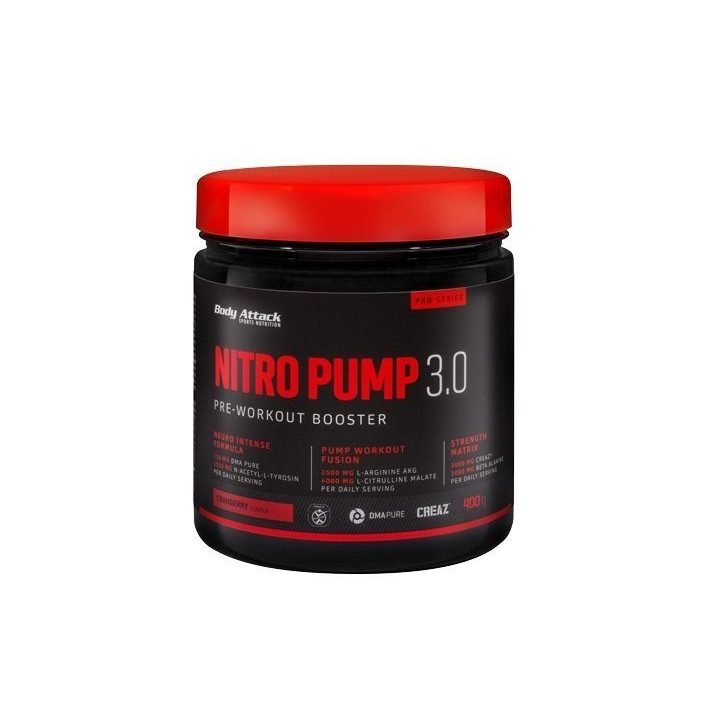 Treniruočių booster Body Attack Nitro Pump 3.0 400 g, spanguolių skonio